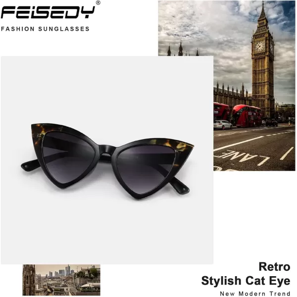 FEISEDY Retro Cat Eye Sunglasses for Women Fashion Vintage Cateye Sun Glasses B2235001 Black Leopard FrameGrey Gradient Lens