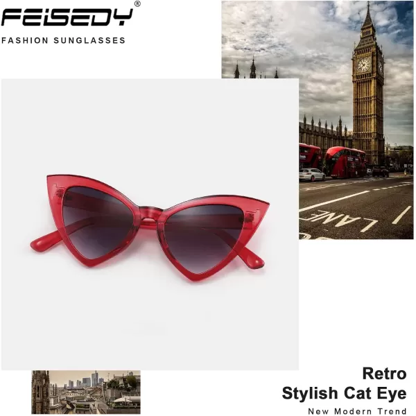 FEISEDY Retro Cat Eye Sunglasses for Women Fashion Vintage Cateye Sun Glasses B2235005 Red FrameGrey Gradient Lens