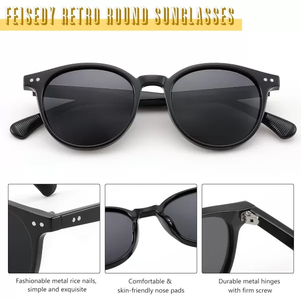 FEISEDY Retro Round Polarized Sunglasses Women Men Trending Shades Fashion Circle Sun Glasses B2808001 Black Frame  Grey Lens