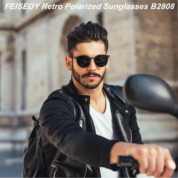 FEISEDY Retro Round Polarized Sunglasses Women Men Trending Shades Fashion Circle Sun Glasses B2808001 Black Frame  Grey Lens