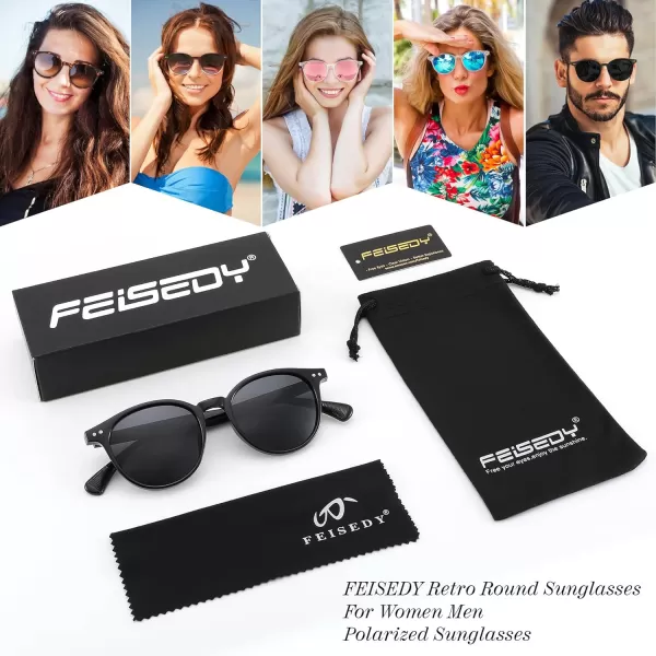 FEISEDY Retro Round Polarized Sunglasses Women Men Trending Shades Fashion Circle Sun Glasses B2808001 Black Frame  Grey Lens