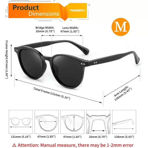 FEISEDY Retro Round Polarized Sunglasses Women Men Trending Shades Fashion Circle Sun Glasses B2808001 Black Frame  Grey Lens