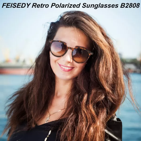 FEISEDY Retro Round Polarized Sunglasses Women Men Trending Shades Fashion Circle Sun Glasses B2808002 Leopard Frame  Tea Lens
