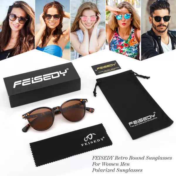 FEISEDY Retro Round Polarized Sunglasses Women Men Trending Shades Fashion Circle Sun Glasses B2808002 Leopard Frame  Tea Lens
