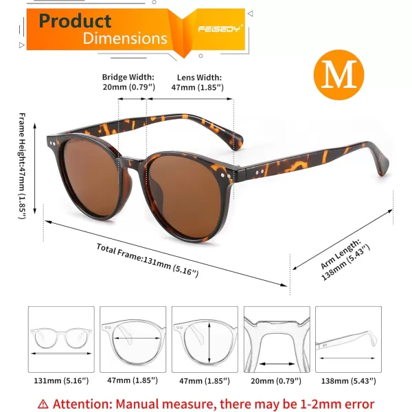 FEISEDY Retro Round Polarized Sunglasses Women Men Trending Shades Fashion Circle Sun Glasses B2808002 Leopard Frame  Tea Lens