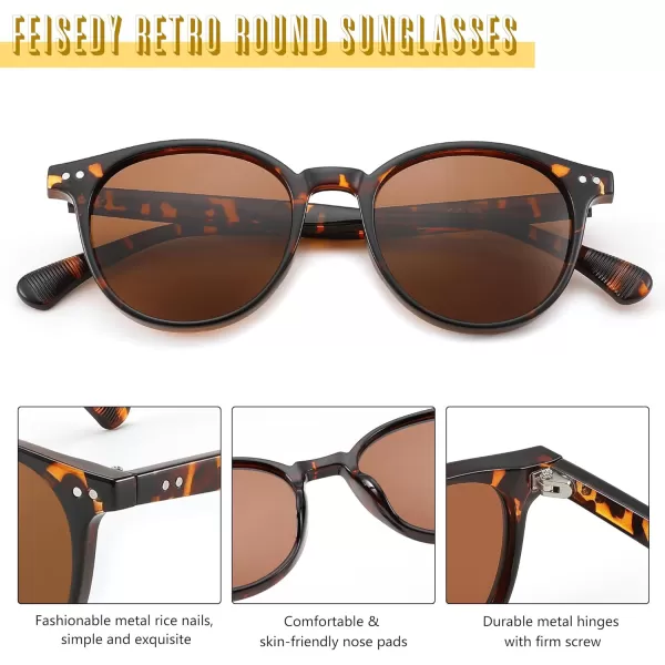 FEISEDY Retro Round Polarized Sunglasses Women Men Trending Shades Fashion Circle Sun Glasses B2808002 Leopard Frame  Tea Lens