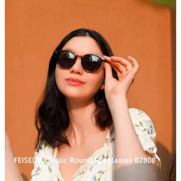 FEISEDY Retro Round Polarized Sunglasses Women Men Trending Shades Fashion Circle Sun Glasses B2808002 Leopard Frame  Tea Lens