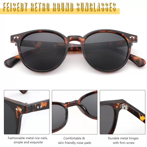 FEISEDY Retro Round Polarized Sunglasses Women Men Trending Shades Fashion Circle Sun Glasses B2808003 Leopard Frame  Grey Lens