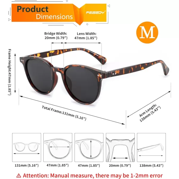 FEISEDY Retro Round Polarized Sunglasses Women Men Trending Shades Fashion Circle Sun Glasses B2808003 Leopard Frame  Grey Lens