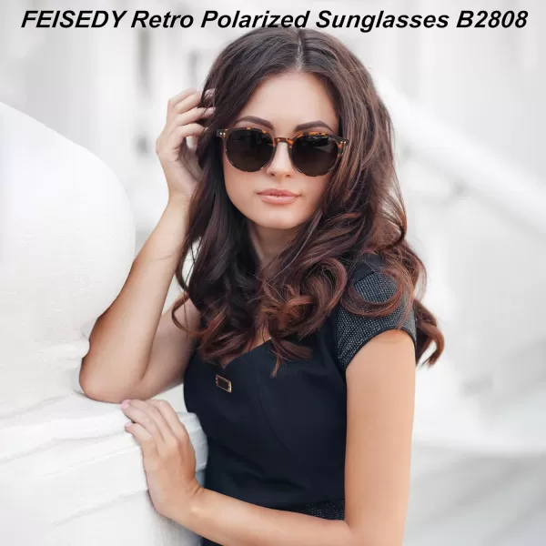 FEISEDY Retro Round Polarized Sunglasses Women Men Trending Shades Fashion Circle Sun Glasses B2808003 Leopard Frame  Grey Lens