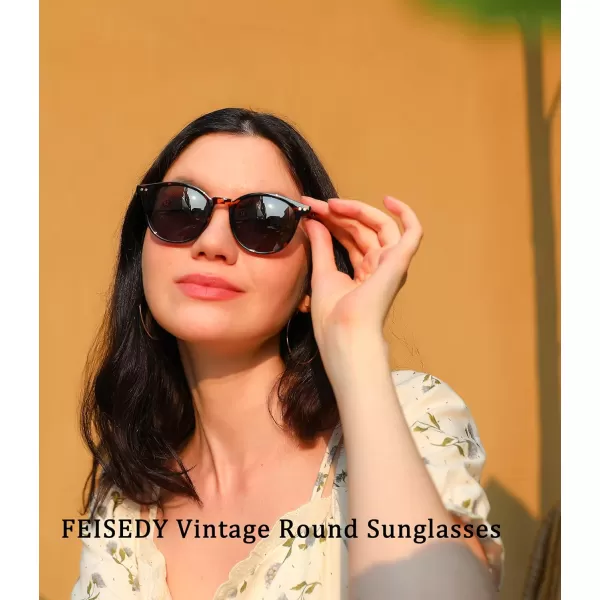 FEISEDY Retro Round Polarized Sunglasses Women Men Trending Shades Fashion Circle Sun Glasses B2808003 Leopard Frame  Grey Lens