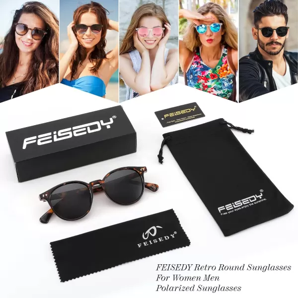 FEISEDY Retro Round Polarized Sunglasses Women Men Trending Shades Fashion Circle Sun Glasses B2808003 Leopard Frame  Grey Lens