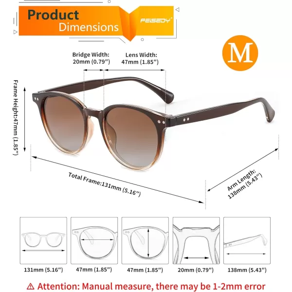 FEISEDY Retro Round Polarized Sunglasses Women Men Trending Shades Fashion Circle Sun Glasses B2808004 Blacktea Frame  Gradual Tea Lens