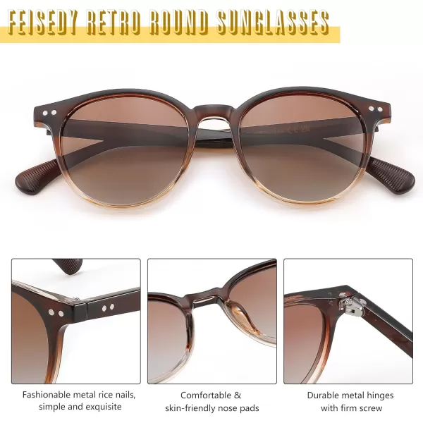 FEISEDY Retro Round Polarized Sunglasses Women Men Trending Shades Fashion Circle Sun Glasses B2808004 Blacktea Frame  Gradual Tea Lens