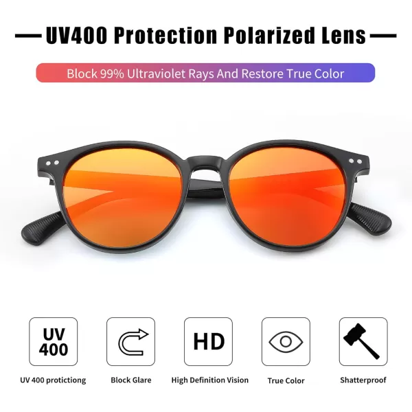 FEISEDY Retro Round Polarized Sunglasses Women Men Trending Shades Fashion Circle Sun Glasses B2808005 Black Frame  Red Mirror Lens