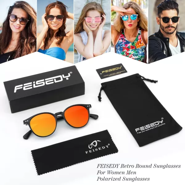 FEISEDY Retro Round Polarized Sunglasses Women Men Trending Shades Fashion Circle Sun Glasses B2808005 Black Frame  Red Mirror Lens