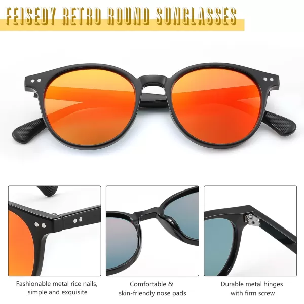 FEISEDY Retro Round Polarized Sunglasses Women Men Trending Shades Fashion Circle Sun Glasses B2808005 Black Frame  Red Mirror Lens