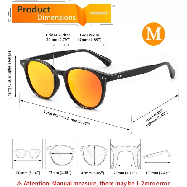 FEISEDY Retro Round Polarized Sunglasses Women Men Trending Shades Fashion Circle Sun Glasses B2808005 Black Frame  Red Mirror Lens