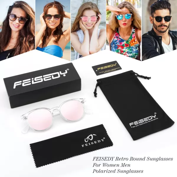 FEISEDY Retro Round Polarized Sunglasses Women Men Trending Shades Fashion Circle Sun Glasses B2808006 Transparent Frame  Pink Mirror Lens