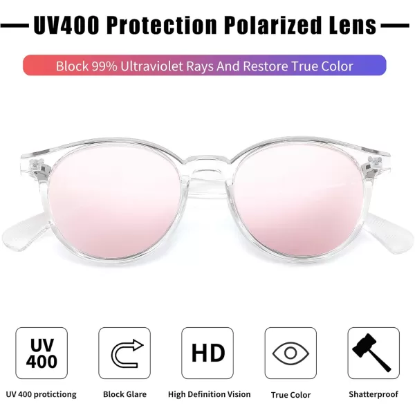FEISEDY Retro Round Polarized Sunglasses Women Men Trending Shades Fashion Circle Sun Glasses B2808006 Transparent Frame  Pink Mirror Lens