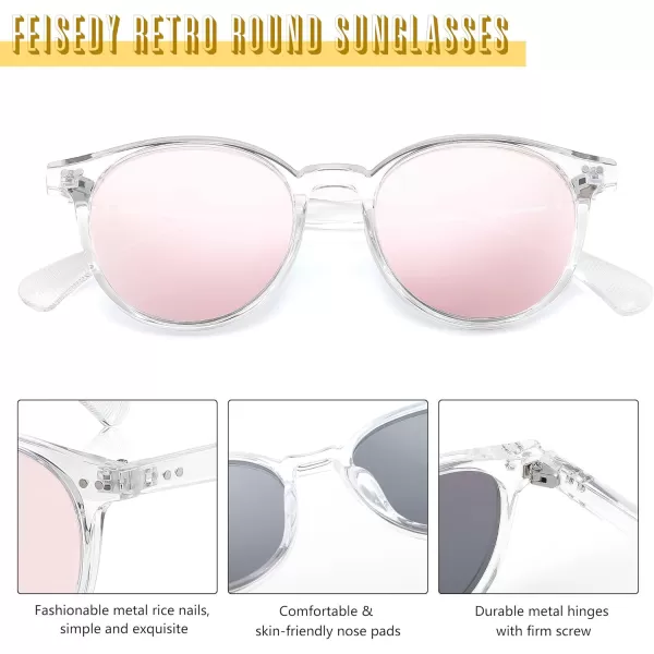 FEISEDY Retro Round Polarized Sunglasses Women Men Trending Shades Fashion Circle Sun Glasses B2808006 Transparent Frame  Pink Mirror Lens