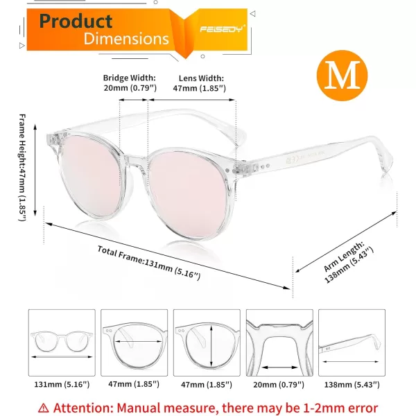 FEISEDY Retro Round Polarized Sunglasses Women Men Trending Shades Fashion Circle Sun Glasses B2808006 Transparent Frame  Pink Mirror Lens