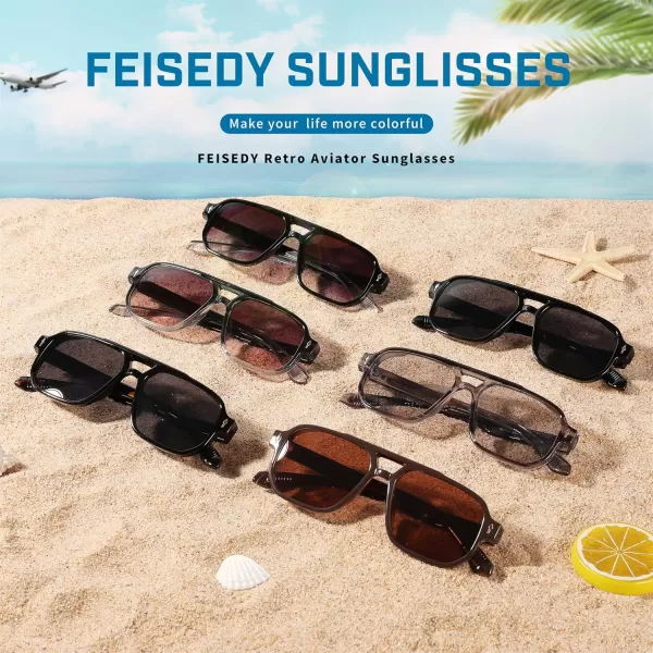 FEISEDY Retro Square Aviator Sunglasses Women Men 70s Small Vintage Rectangle UV400 Sun Glasses B9120Black Frame Black Lens