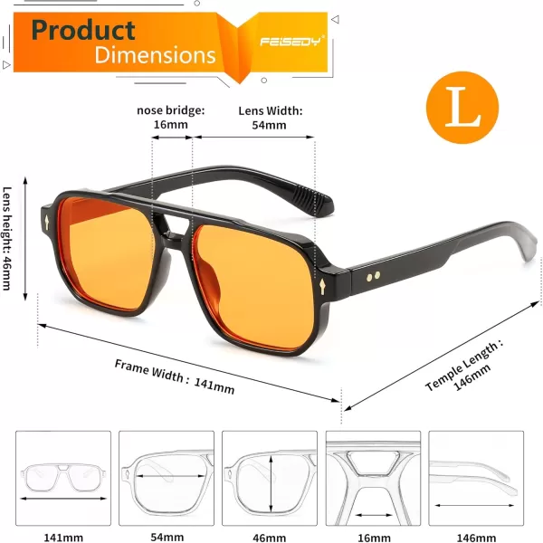 FEISEDY Retro Square Aviator Sunglasses Women Men 70s Small Vintage Rectangle UV400 Sun Glasses B9120Black Frame Yellow Lens