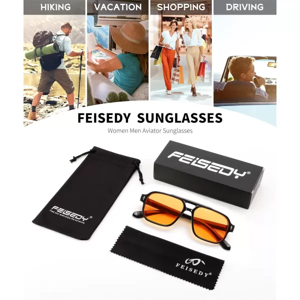 FEISEDY Retro Square Aviator Sunglasses Women Men 70s Small Vintage Rectangle UV400 Sun Glasses B9120Black Frame Yellow Lens