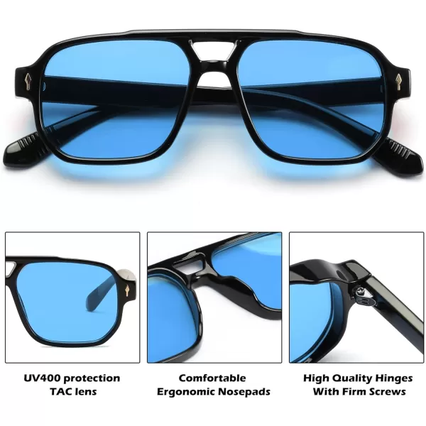 FEISEDY Retro Square Aviator Sunglasses Women Men 70s Small Vintage Rectangle UV400 Sun Glasses B9120Black FrameBlue Lens