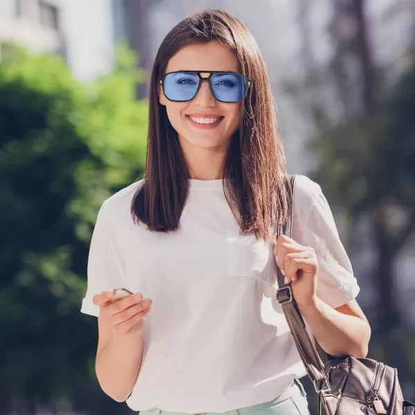 FEISEDY Retro Square Aviator Sunglasses Women Men 70s Small Vintage Rectangle UV400 Sun Glasses B9120Black FrameBlue Lens