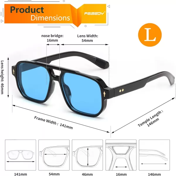FEISEDY Retro Square Aviator Sunglasses Women Men 70s Small Vintage Rectangle UV400 Sun Glasses B9120Black FrameBlue Lens