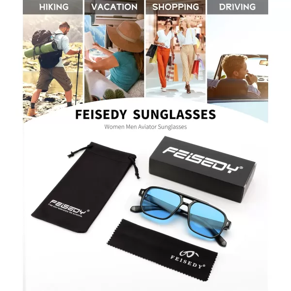 FEISEDY Retro Square Aviator Sunglasses Women Men 70s Small Vintage Rectangle UV400 Sun Glasses B9120Black FrameBlue Lens