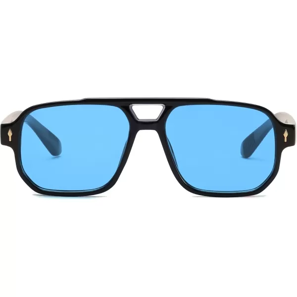 FEISEDY Retro Square Aviator Sunglasses Women Men 70s Small Vintage Rectangle UV400 Sun Glasses B9120Black FrameBlue Lens