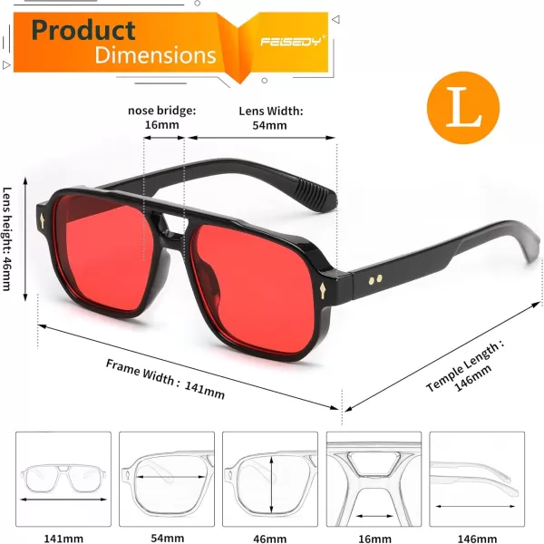 FEISEDY Retro Square Aviator Sunglasses Women Men 70s Small Vintage Rectangle UV400 Sun Glasses B9120Black FrameRed Lens