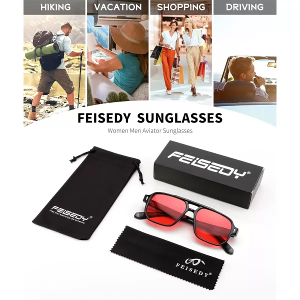 FEISEDY Retro Square Aviator Sunglasses Women Men 70s Small Vintage Rectangle UV400 Sun Glasses B9120Black FrameRed Lens