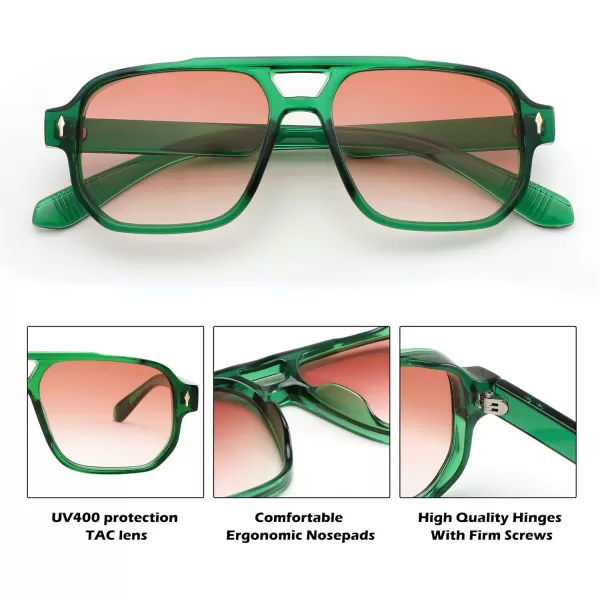 FEISEDY Retro Square Aviator Sunglasses Women Men 70s Small Vintage Rectangle UV400 Sun Glasses B9120Green Frame Gradient Tea Lens