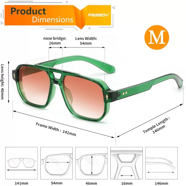 FEISEDY Retro Square Aviator Sunglasses Women Men 70s Small Vintage Rectangle UV400 Sun Glasses B9120Green Frame Gradient Tea Lens