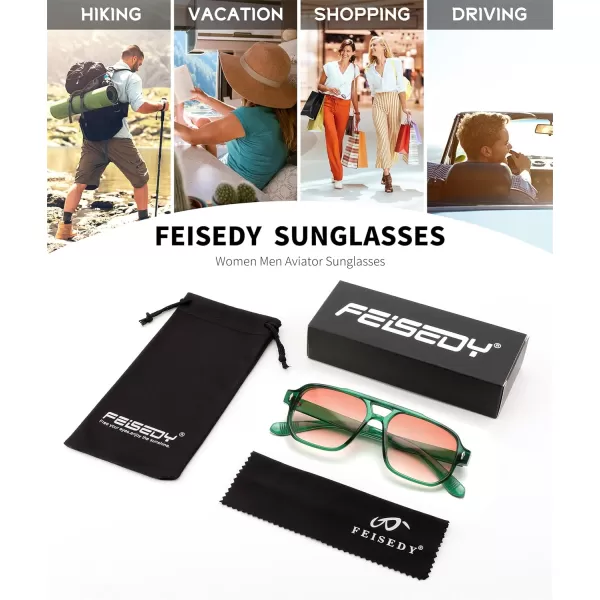 FEISEDY Retro Square Aviator Sunglasses Women Men 70s Small Vintage Rectangle UV400 Sun Glasses B9120Green Frame Gradient Tea Lens