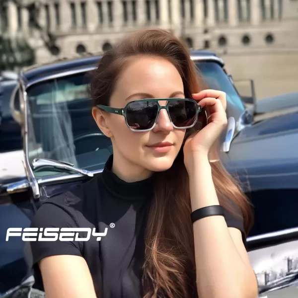 FEISEDY Retro Square Aviator Sunglasses Women Men 70s Small Vintage Rectangle UV400 Sun Glasses B9120Green Frame Pink Lens