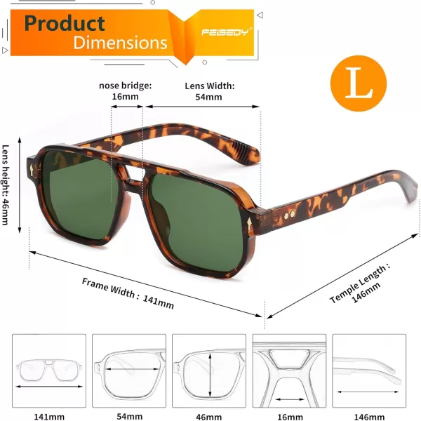 FEISEDY Retro Square Aviator Sunglasses Women Men 70s Small Vintage Rectangle UV400 Sun Glasses B9120Leopard TempleGreen Lens