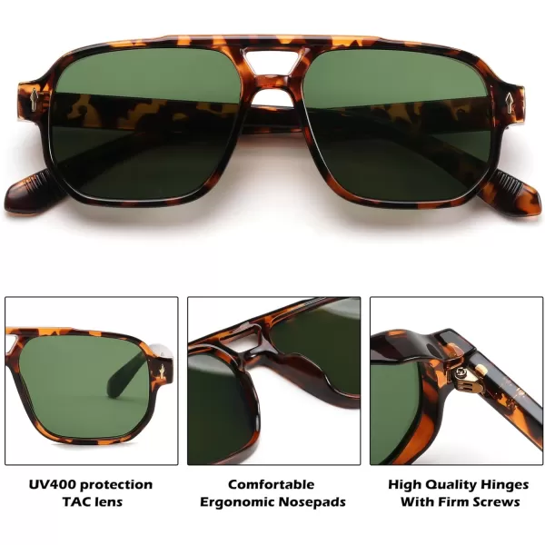 FEISEDY Retro Square Aviator Sunglasses Women Men 70s Small Vintage Rectangle UV400 Sun Glasses B9120Leopard TempleGreen Lens