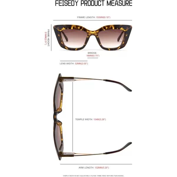 FEISEDY Retro Thick Square Cateye Sunglasses Women Men ARIZONA DREAM Metal Temple B2710002 Leopard Frame Gradient Brown Lens