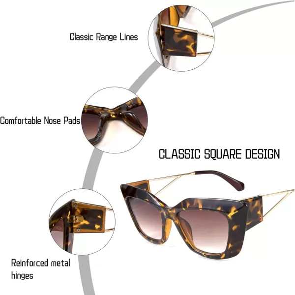 FEISEDY Retro Thick Square Cateye Sunglasses Women Men ARIZONA DREAM Metal Temple B2710002 Leopard Frame Gradient Brown Lens