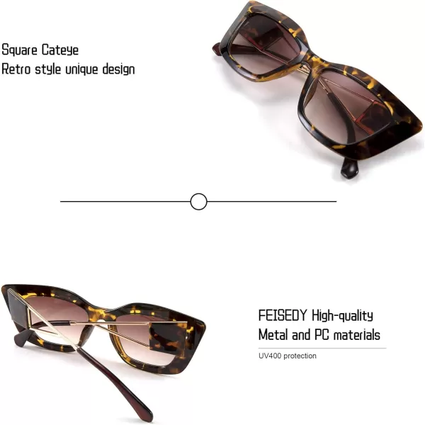 FEISEDY Retro Thick Square Cateye Sunglasses Women Men ARIZONA DREAM Metal Temple B2710002 Leopard Frame Gradient Brown Lens