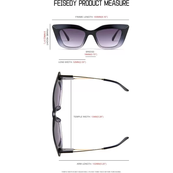 FEISEDY Retro Thick Square Cateye Sunglasses Women Men ARIZONA DREAM Metal Temple B2710003 Gradual Blue Frame Gradient Grey Lens