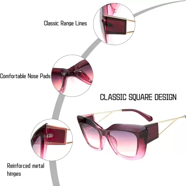 FEISEDY Retro Thick Square Cateye Sunglasses Women Men ARIZONA DREAM Metal Temple B2710004 Gradual Purple Frame Gradient Purple Lens