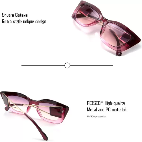FEISEDY Retro Thick Square Cateye Sunglasses Women Men ARIZONA DREAM Metal Temple B2710004 Gradual Purple Frame Gradient Purple Lens