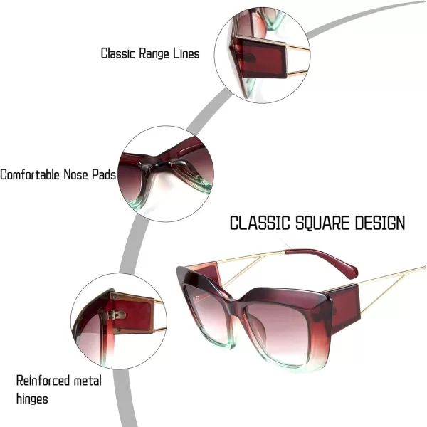 FEISEDY Retro Thick Square Cateye Sunglasses Women Men ARIZONA DREAM Metal Temple B2710006 Gradual Red Brown Frame Gradient Brown Lens