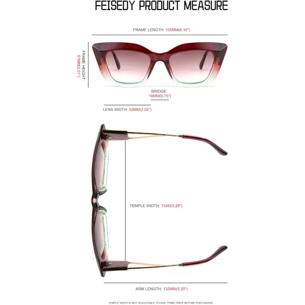 FEISEDY Retro Thick Square Cateye Sunglasses Women Men ARIZONA DREAM Metal Temple B2710006 Gradual Red Brown Frame Gradient Brown Lens